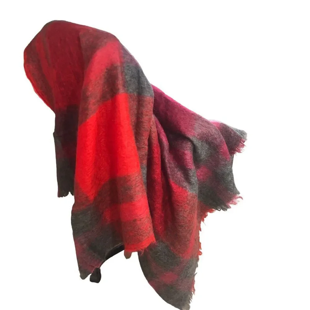 New‎ Royal Scot Plaid Blanket Red Gray Fringe Mohair Wool Afgan 57x70 Vintage